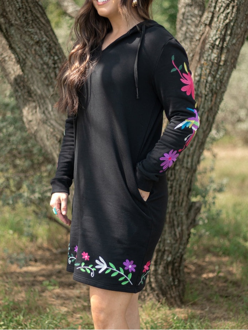 Layerz Clothing Jill Sweatshirt Dress with vibrant Mexican-inspired embroidery
